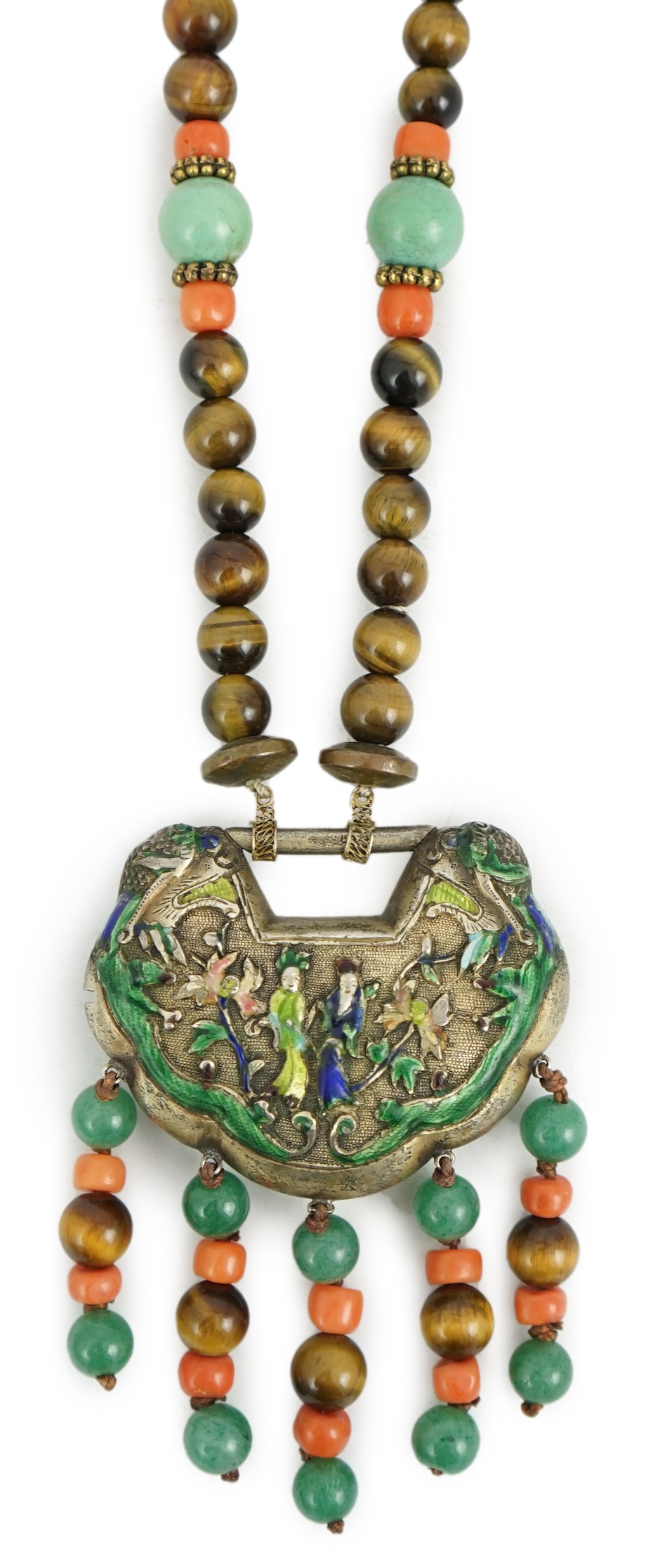 A Chinese silver and enamel amulet tiger's eye, coral and turquoise bead necklace, housed in a liberty box. Condition - good